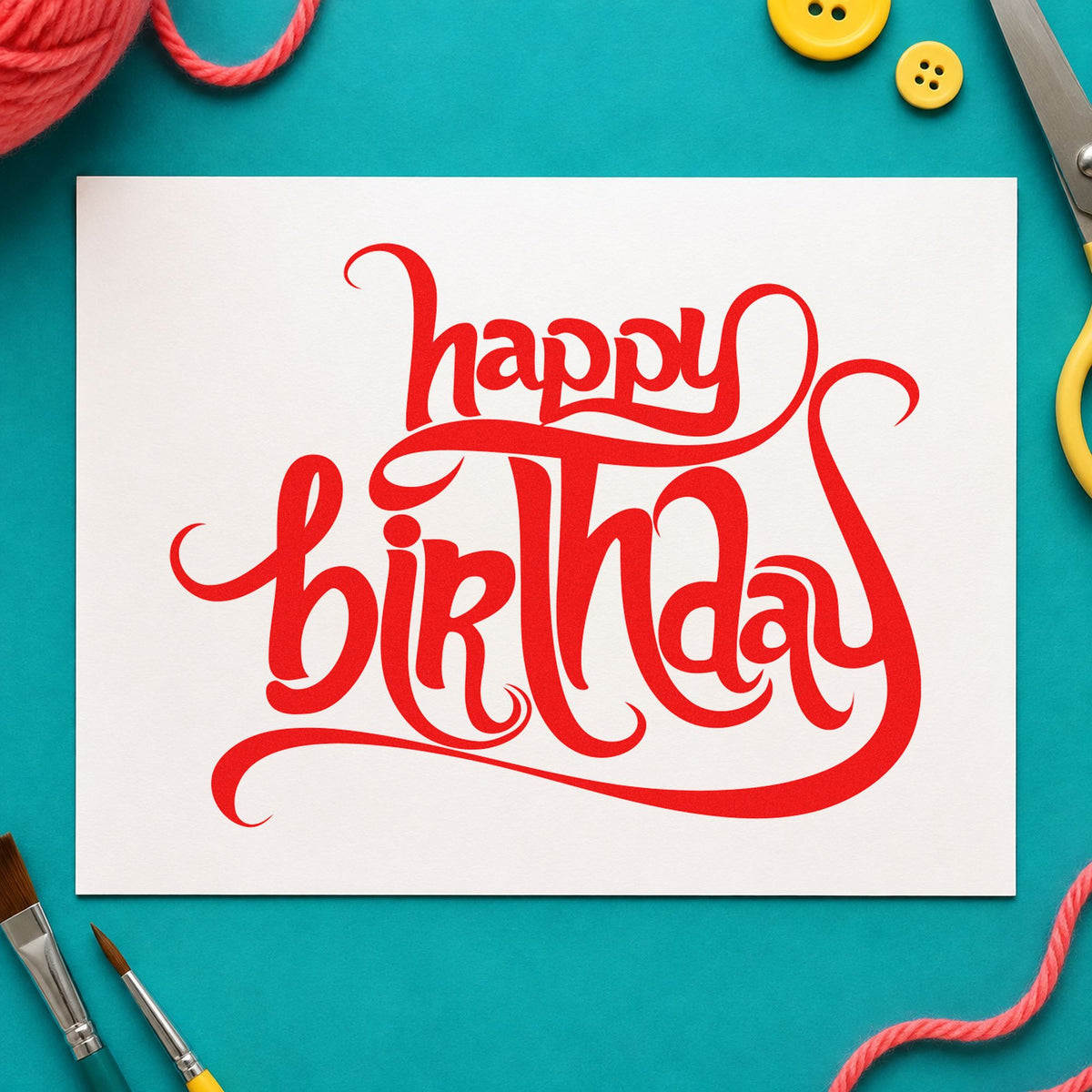 Ornate Happy Birthday Flourishes rubber stamp shown in red ink, stamped for projects such as crate prop labels.