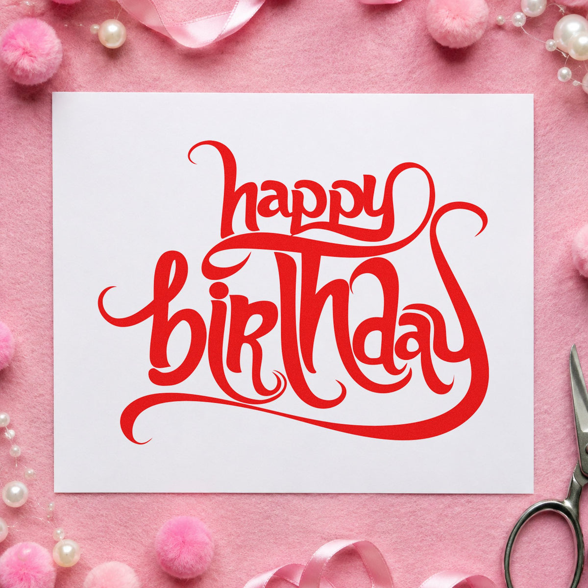Ornate Happy Birthday Flourishes craft stamp imprint in red ink on a handmade project, one idea being guest sign cards.