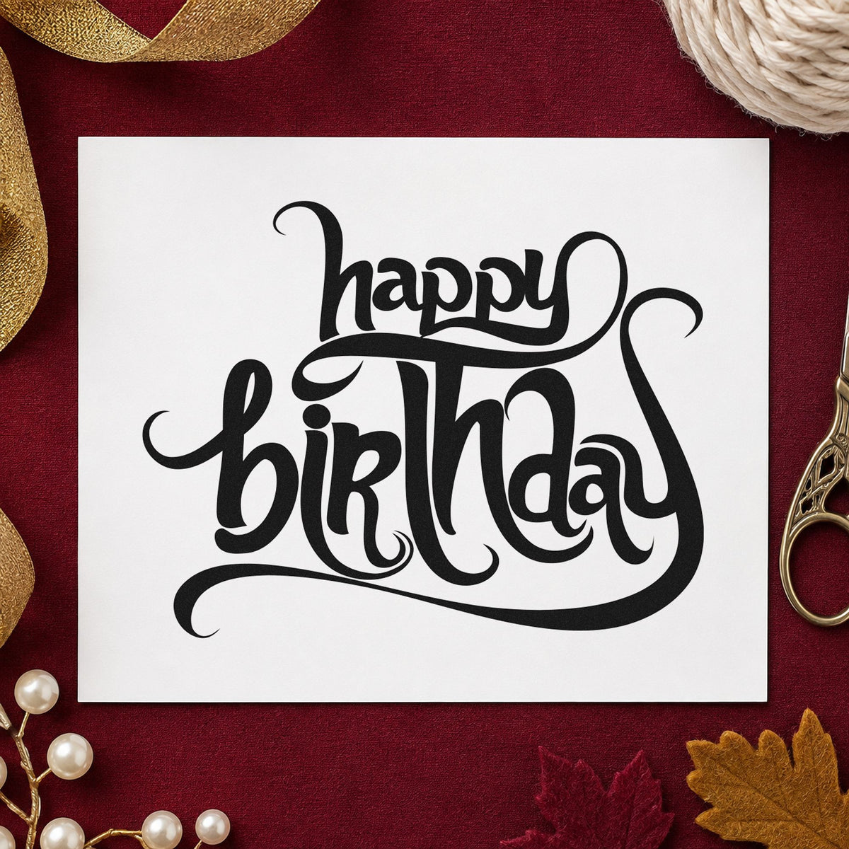 Ornate Happy Birthday Flourishes rubber stamp printed in black ink, ready for curling flourish cards and similar paper crafts.