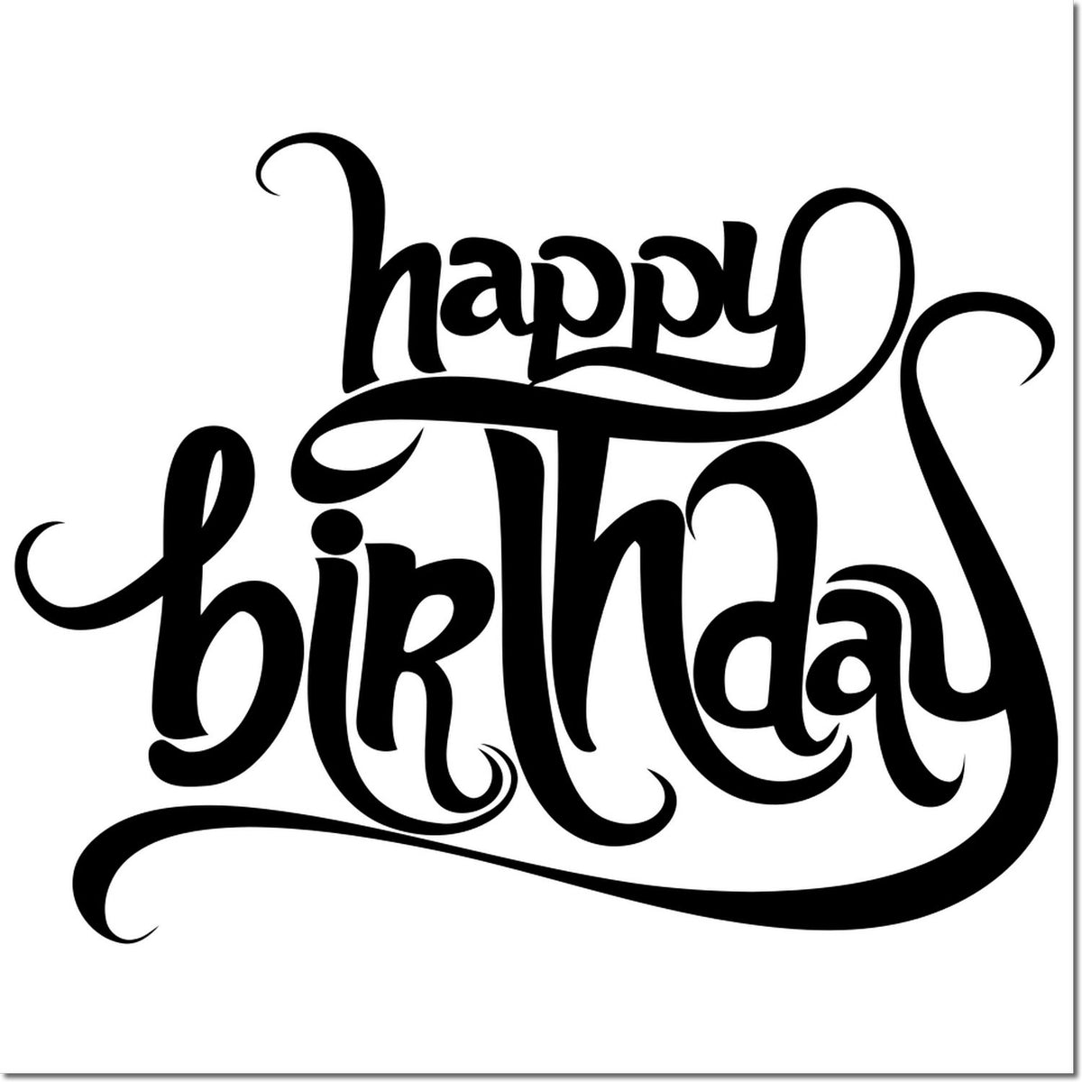 Black happy birthday calligraphy stamp design on white background with bold swirls and decorative lettering for seals.
