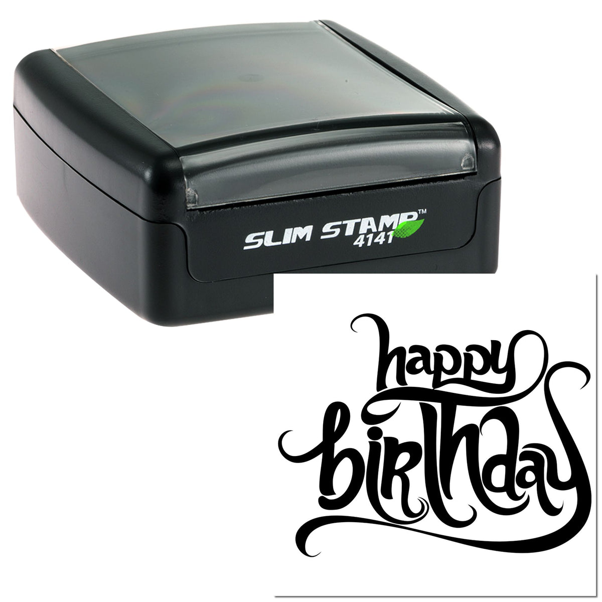 Black self-inking slim stamp with gray lid and ornate black happy birthday seal design.