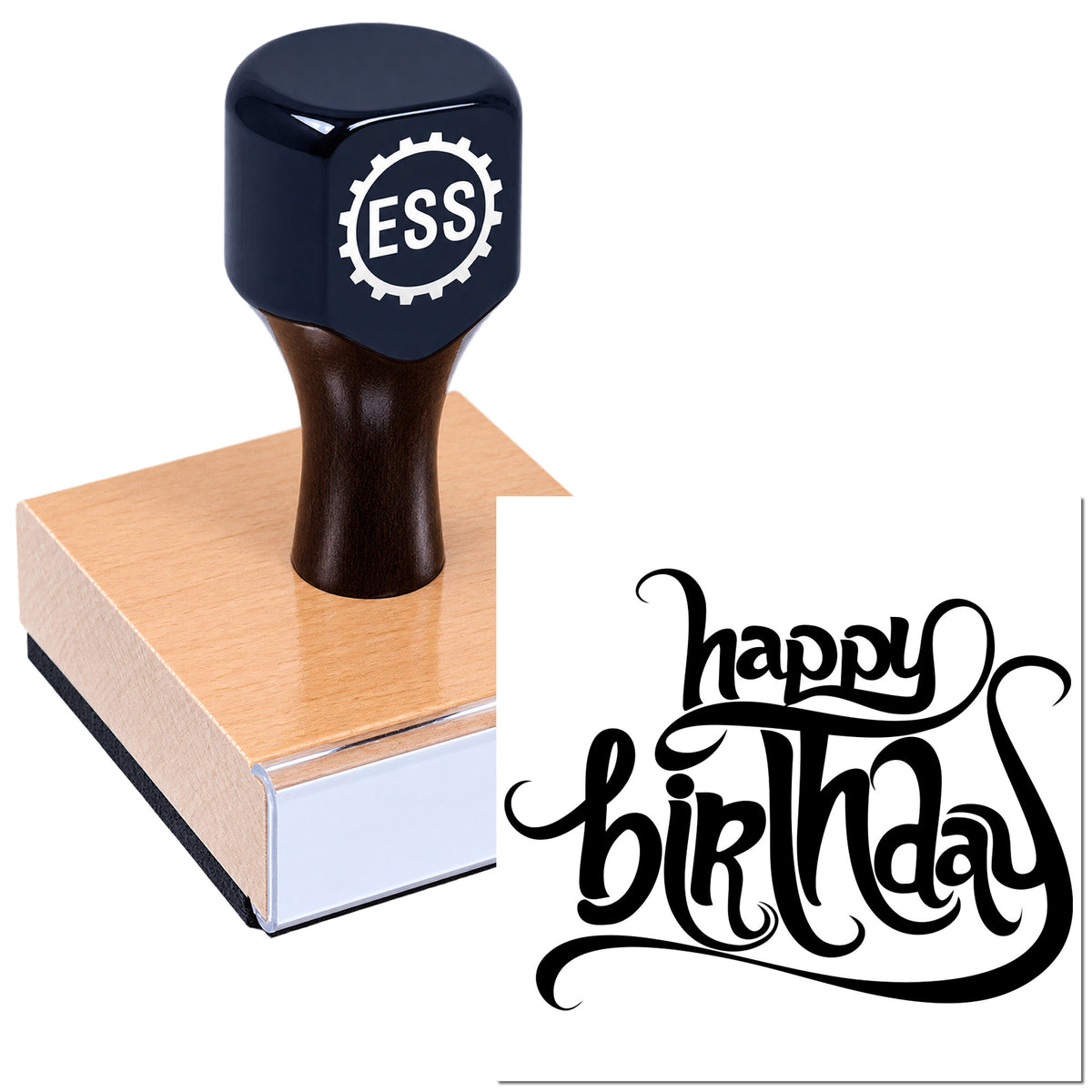 Black ESS rubber stamp on a pink block with a bold black "happy birthday" calligraphy seal impression
