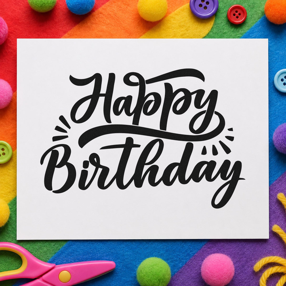 Happy Birthday Retro Flourishes craft stamp imprint in black ink on a handmade project, one idea being skate sock gift tags.