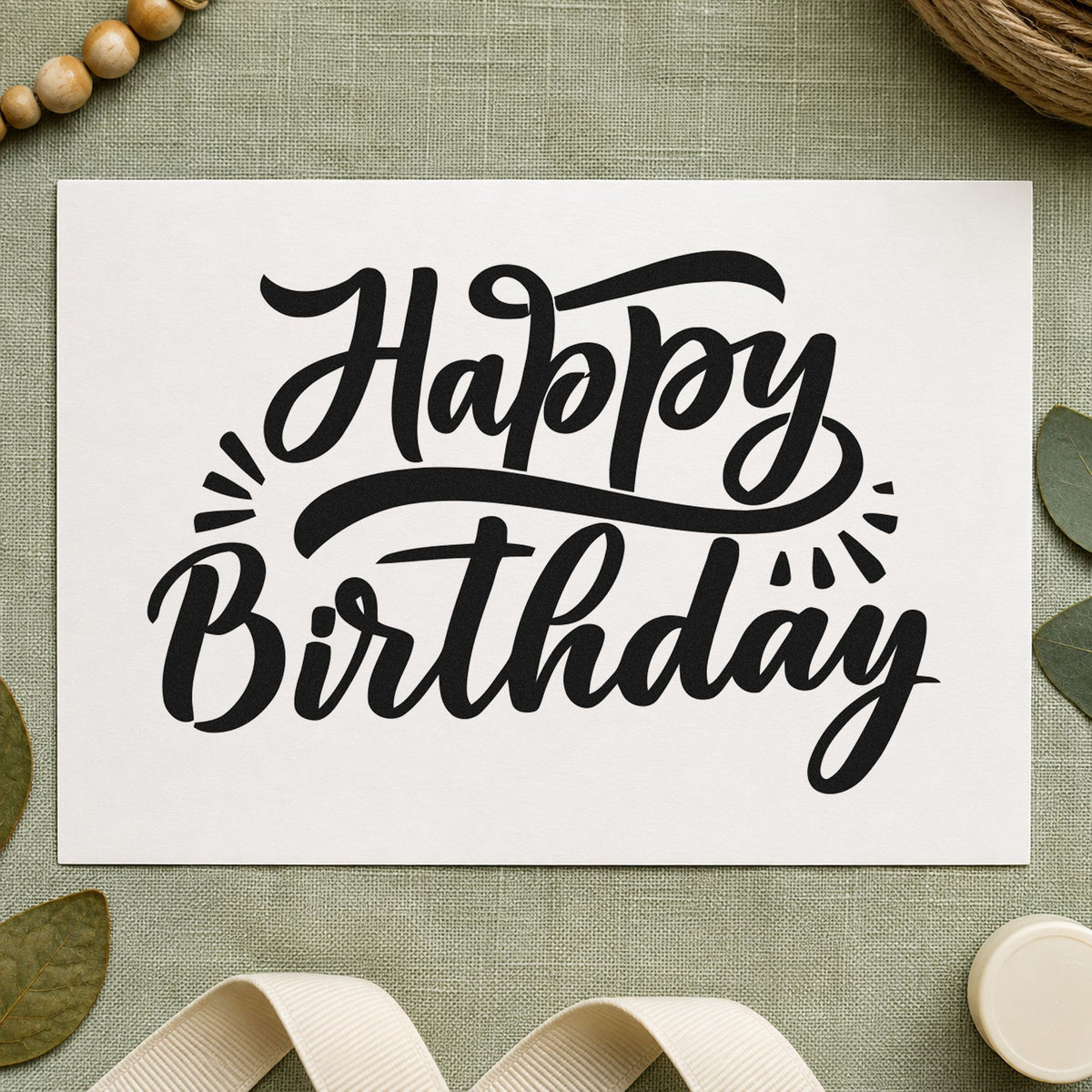 Happy Birthday Retro Flourishes rubber stamp printed in black ink, ready for session slot sheet and similar paper crafts.