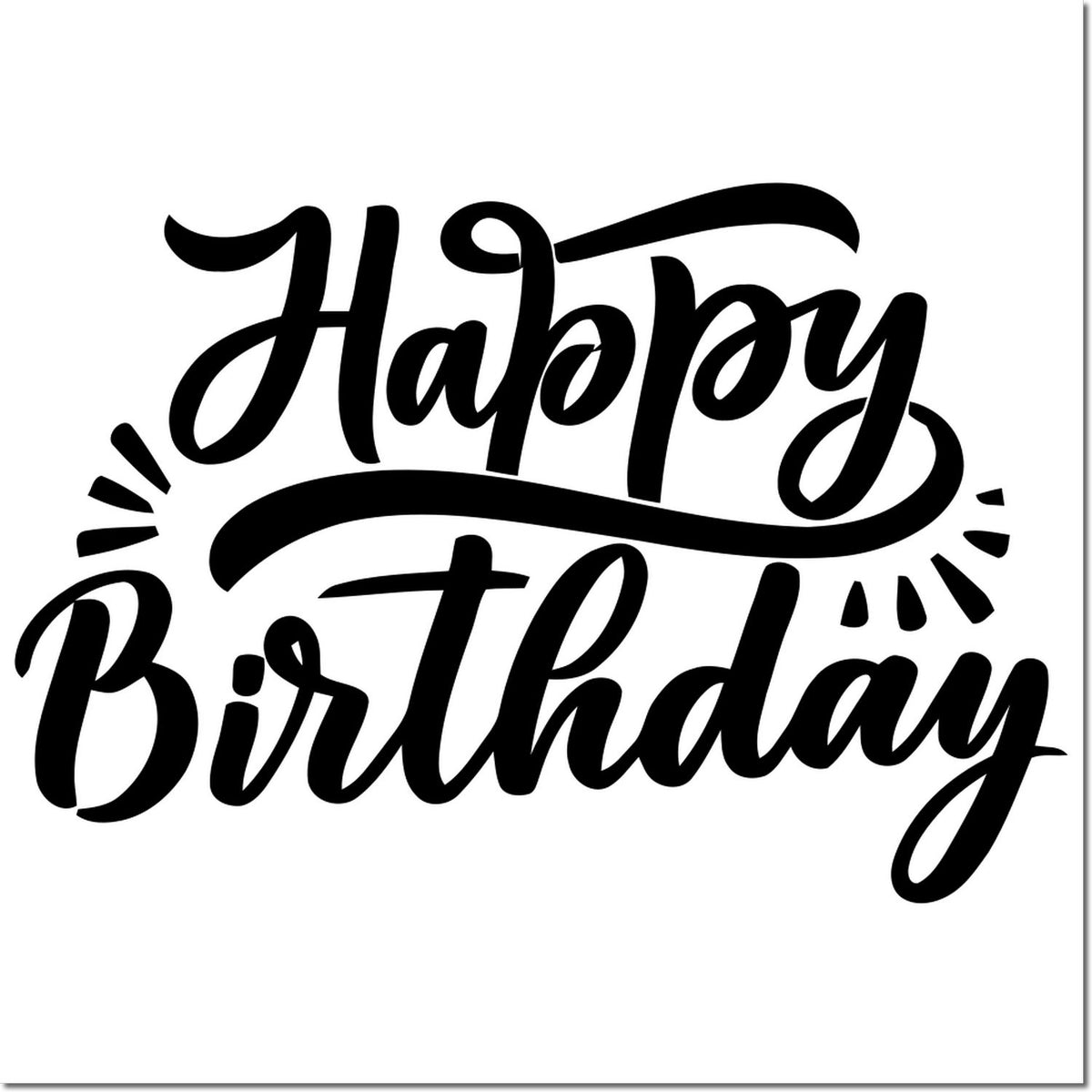 Black Happy Birthday stamp and seal design in flowing script with decorative swashes on a white background.