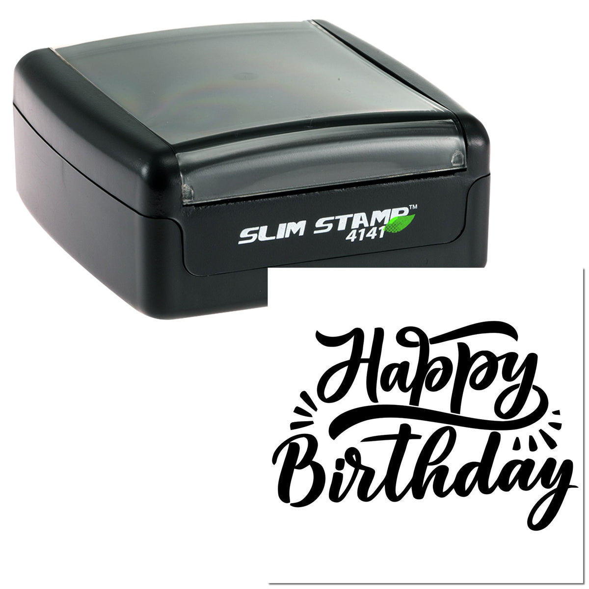 Black slim self-inking stamp and birthday seal with translucent gray cover, showing a bold Happy Birthday imprint.