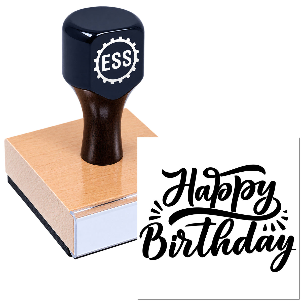 Black ESS custom stamp on a pink wooden block with a bold "Happy Birthday" seal design.