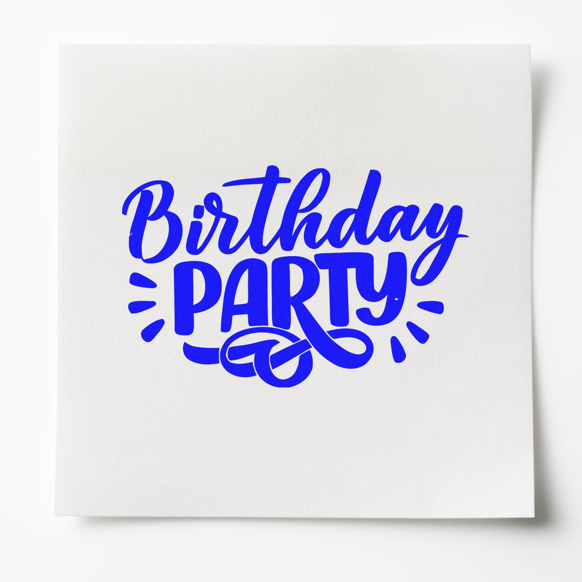 Blue Birthday Party decorative stamp seal design on white paper, bold blue script lettering