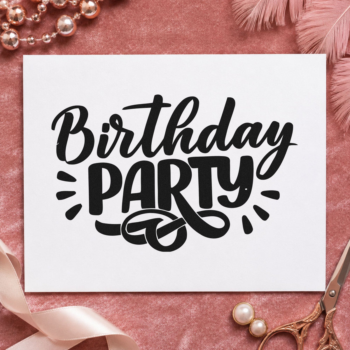 Birthday Party Bold Flourish rubber stamp printed in black ink, ready for guest list sheet and similar paper crafts.