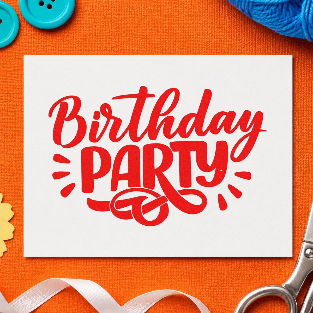 Birthday Party Bold Flourish craft stamp imprint in red ink on a handmade project, one idea being play rule cards.