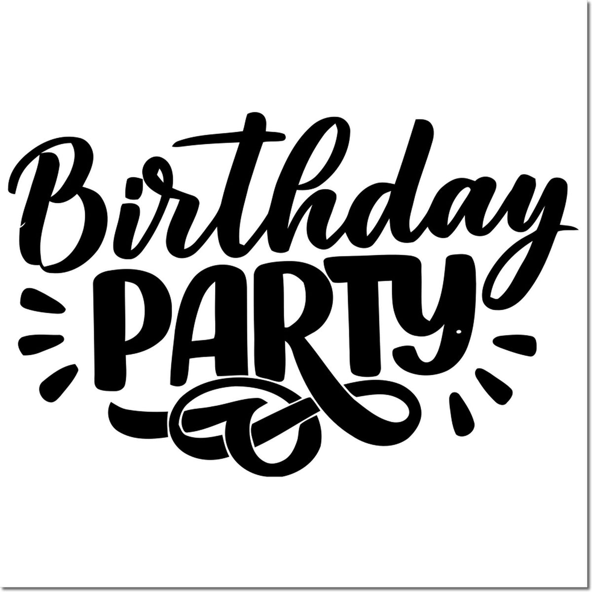Black Birthday Party stamp seal with bold script lettering and festive accent marks on a white background.