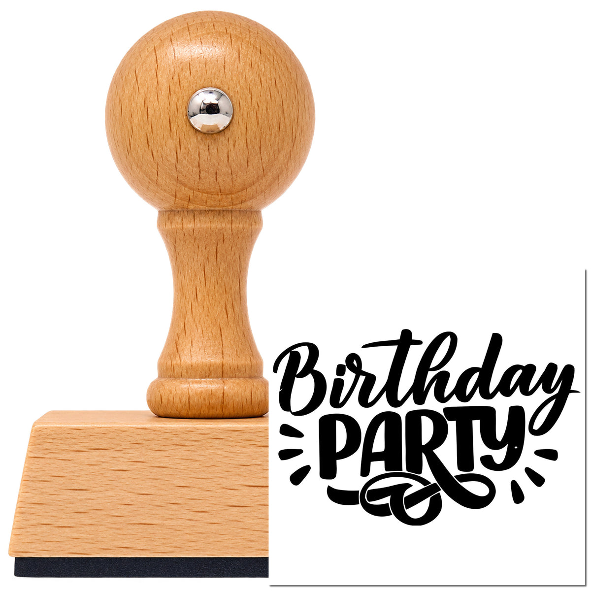 Vintage Pro beech wood stamp with a round knob handle, shown with its black Birthday Party imprint on white.