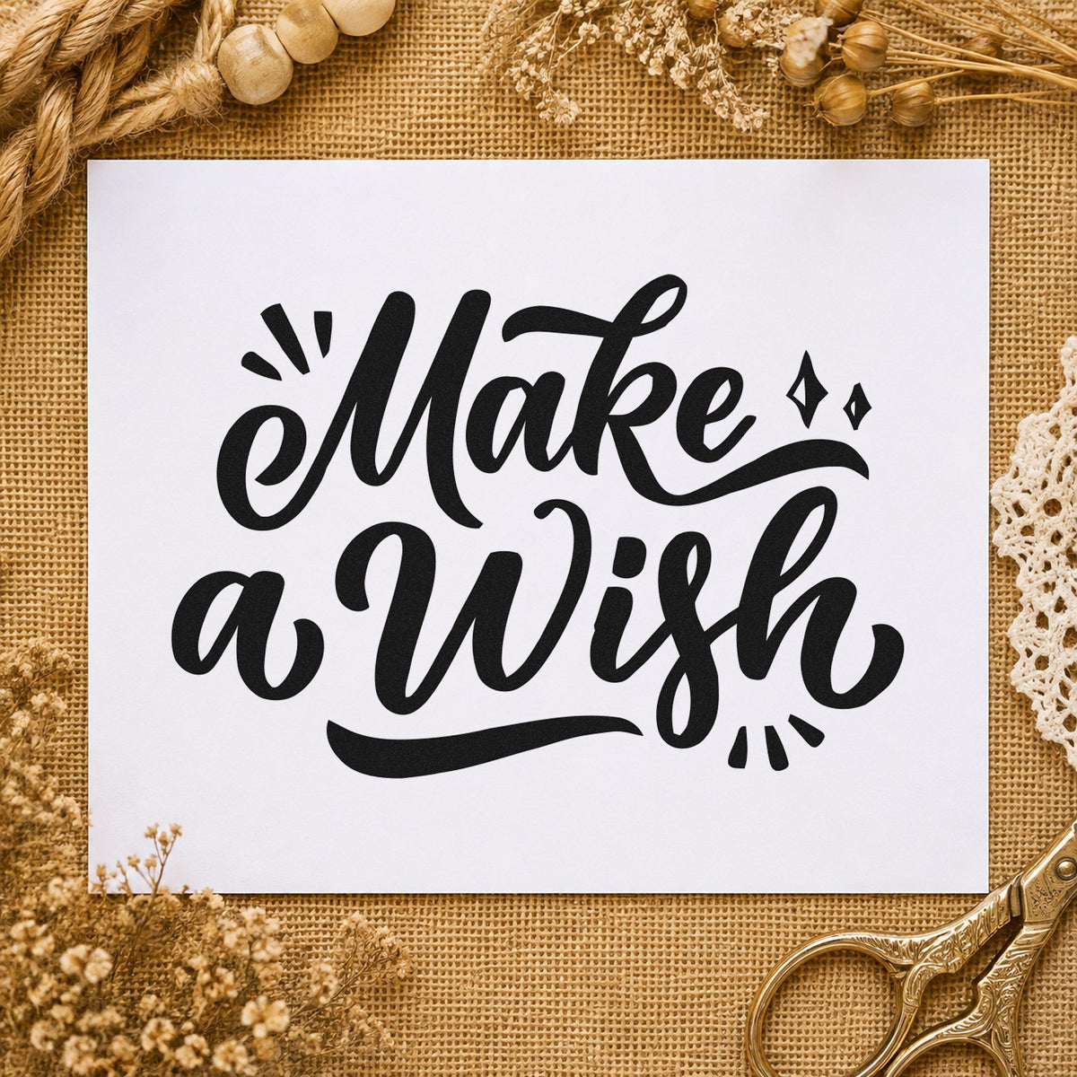 Make A Wish Script craft stamp imprint in black ink on a handmade project, one idea being vessel gift tags.