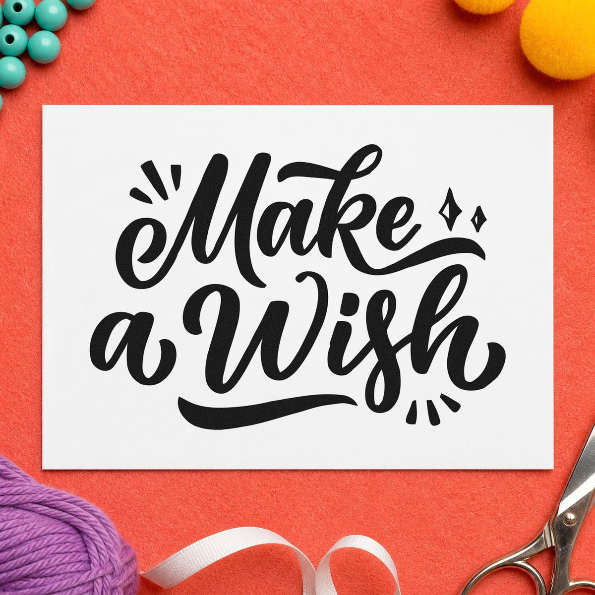 Make A Wish Script rubber stamp printed in black ink, ready for wish log sheet and similar paper crafts.