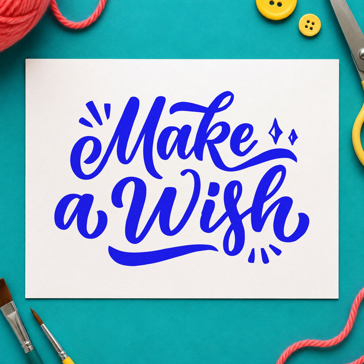 Make A Wish Script craft stamp in blue ink on cardstock, an easy option for jar cover printing.