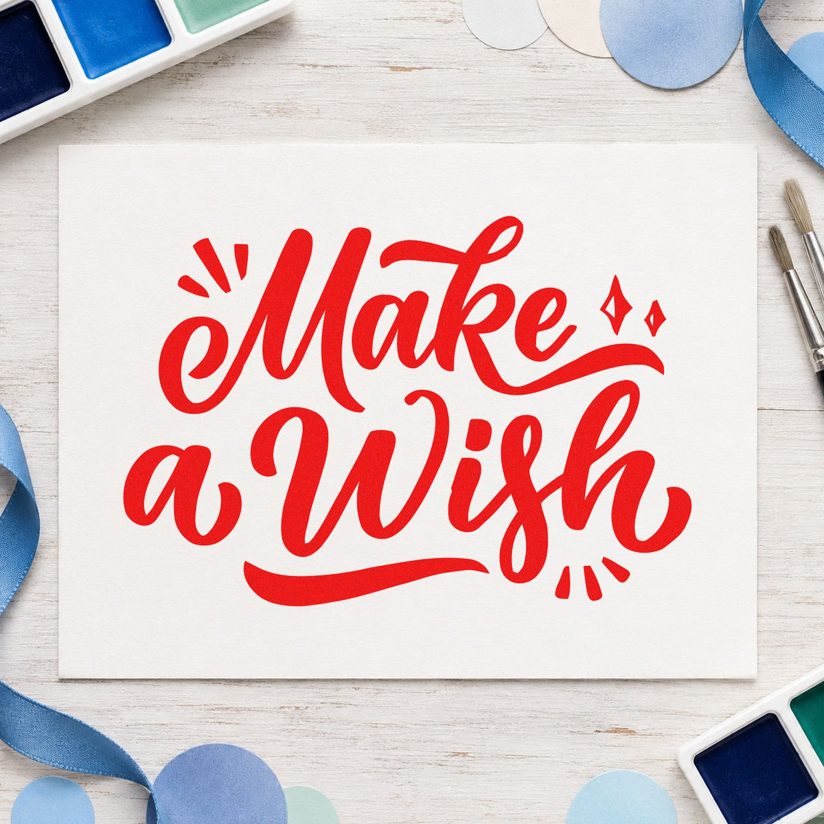 Make A Wish Script rubber stamp shown in red ink, stamped for projects such as glass year labels.