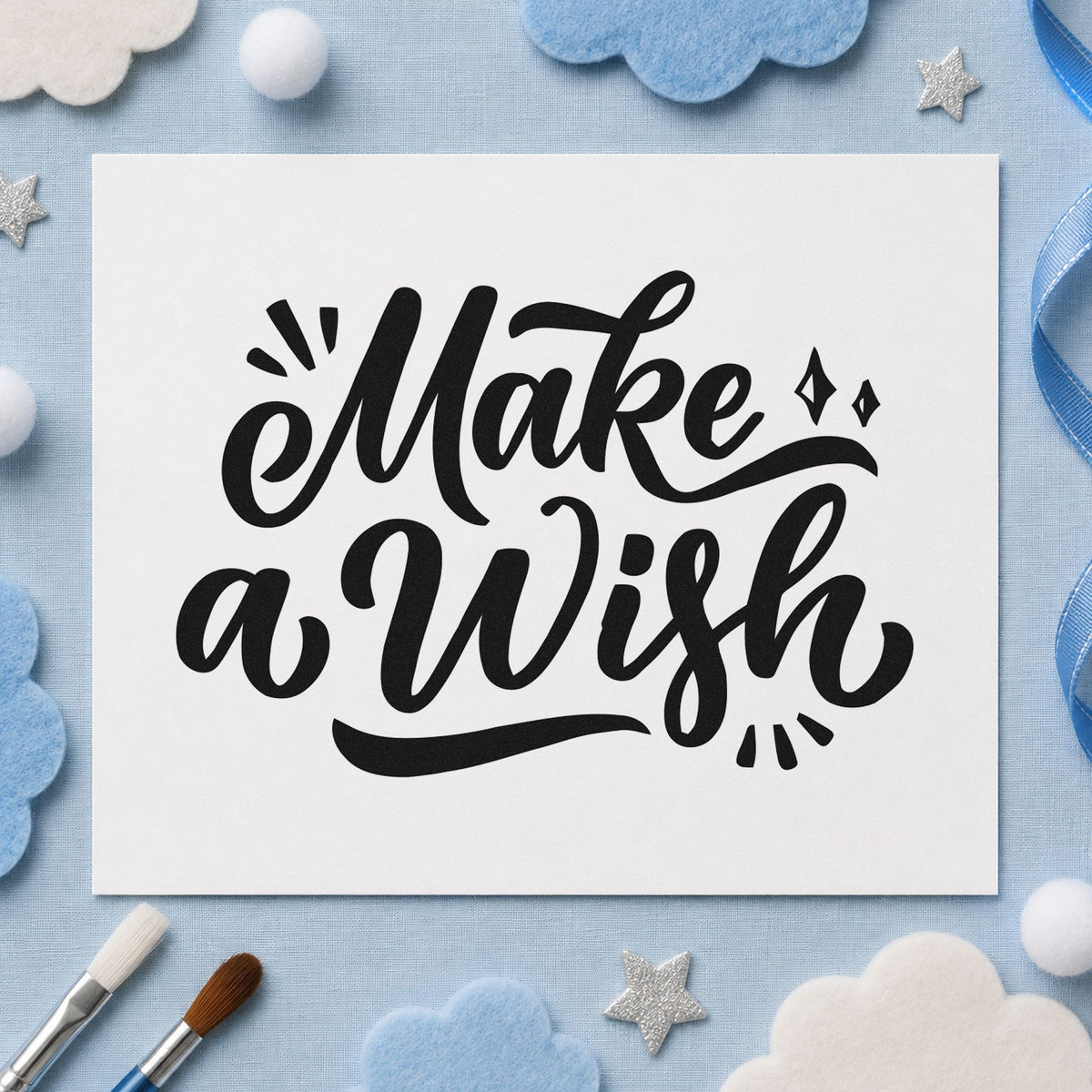 Make A Wish Script rubber stamp printed in black ink, ready for diamond sparkle cards and similar paper crafts.