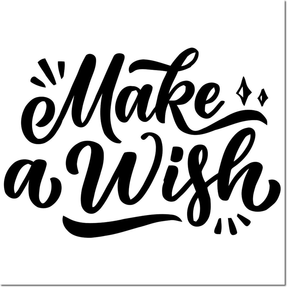 Black Make a Wish script stamp/seal with sparkles and swashes on a white background.