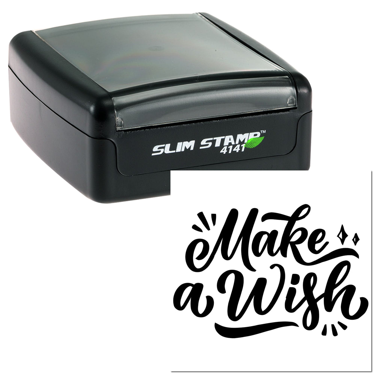 Black slim self-inking stamp and seal with Make a Wish design on a white background.