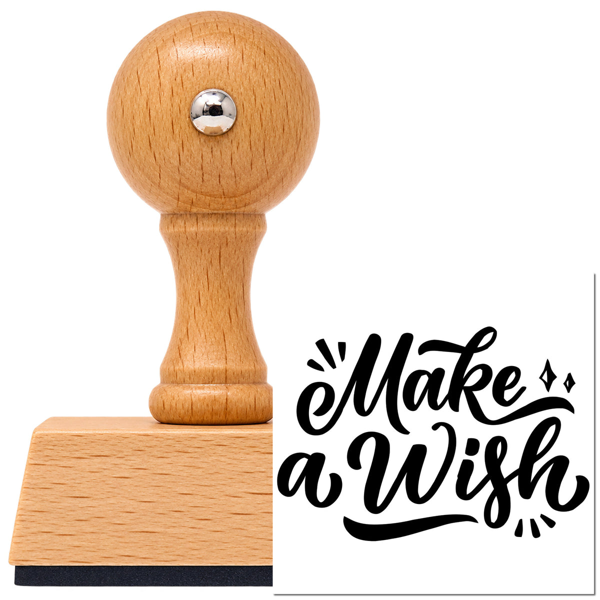 Vintage Pro beech wood stamp with a round knob handle, shown with its black Make A Wish Script imprint on white.