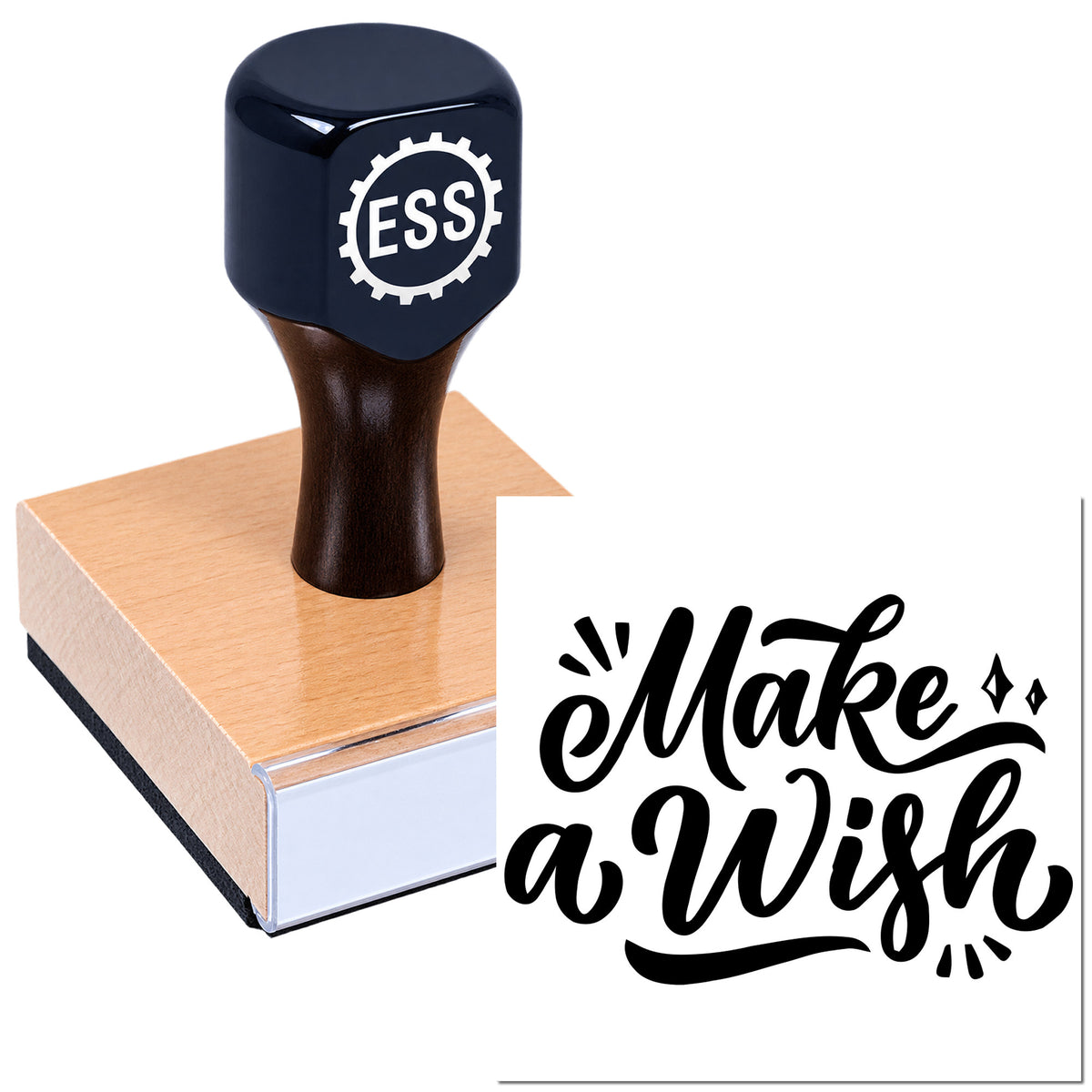 Dark blue ESS stamp with wooden handle on pink sealing block, plus black "Make a Wish" seal design.