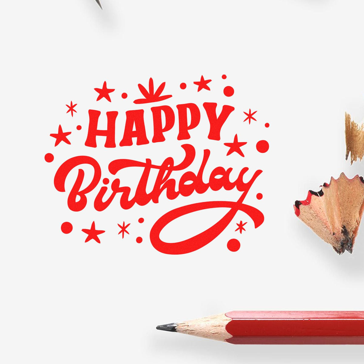 Red Happy Birthday stamp and seal design with stars and playful lettering on white, beside a red pencil.
