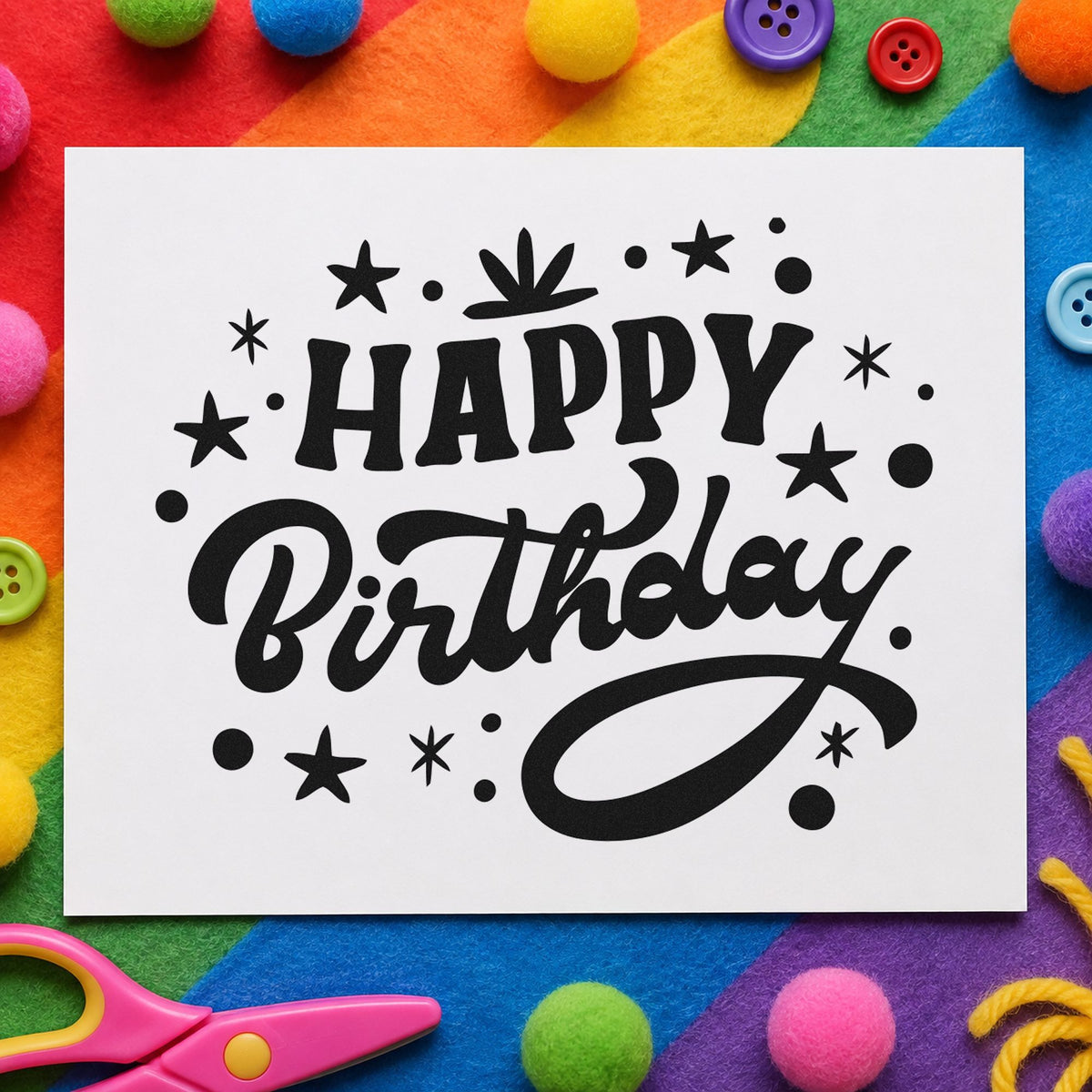 Happy Birthday Star Confetti rubber stamp printed in black ink, ready for star dot cards and similar paper crafts.