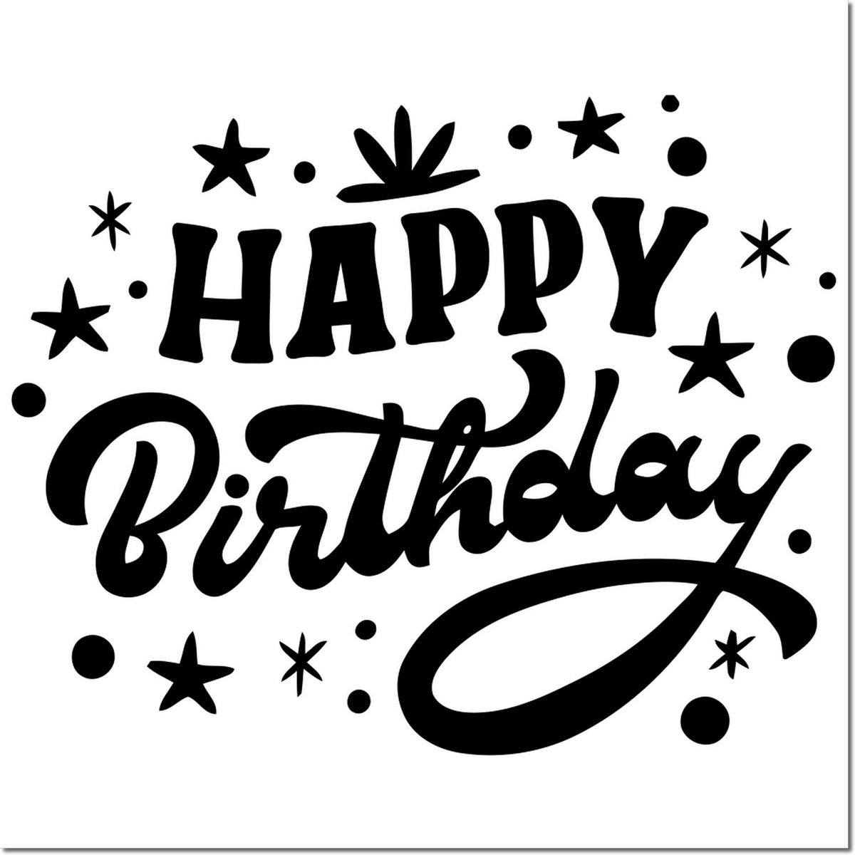 Black Happy Birthday stamp with stars and dots in bold script on white, ideal for seals and celebratory packaging.