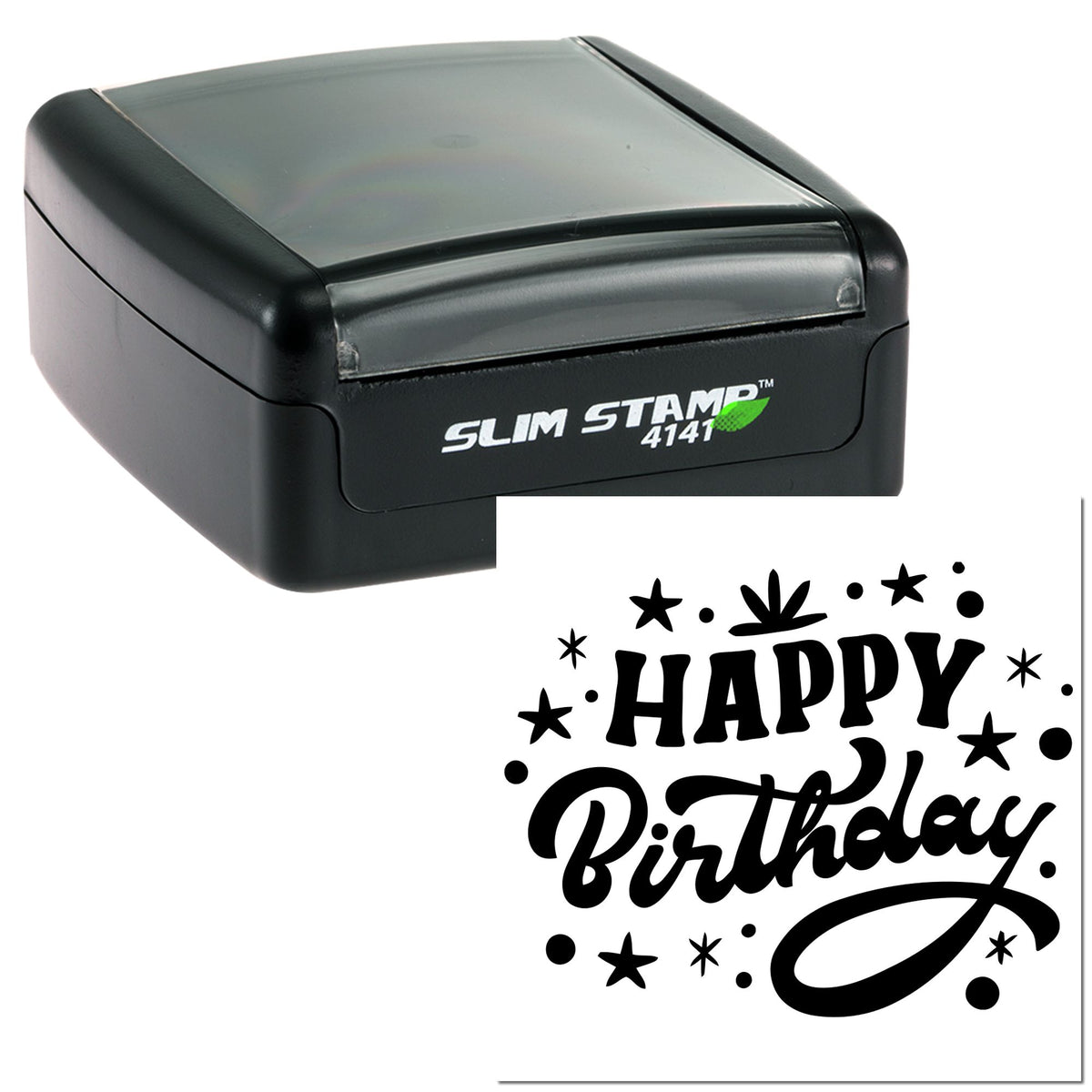 Black Slim Stamp 4141 self-inking stamp with a bold black Happy Birthday seal on a white background.