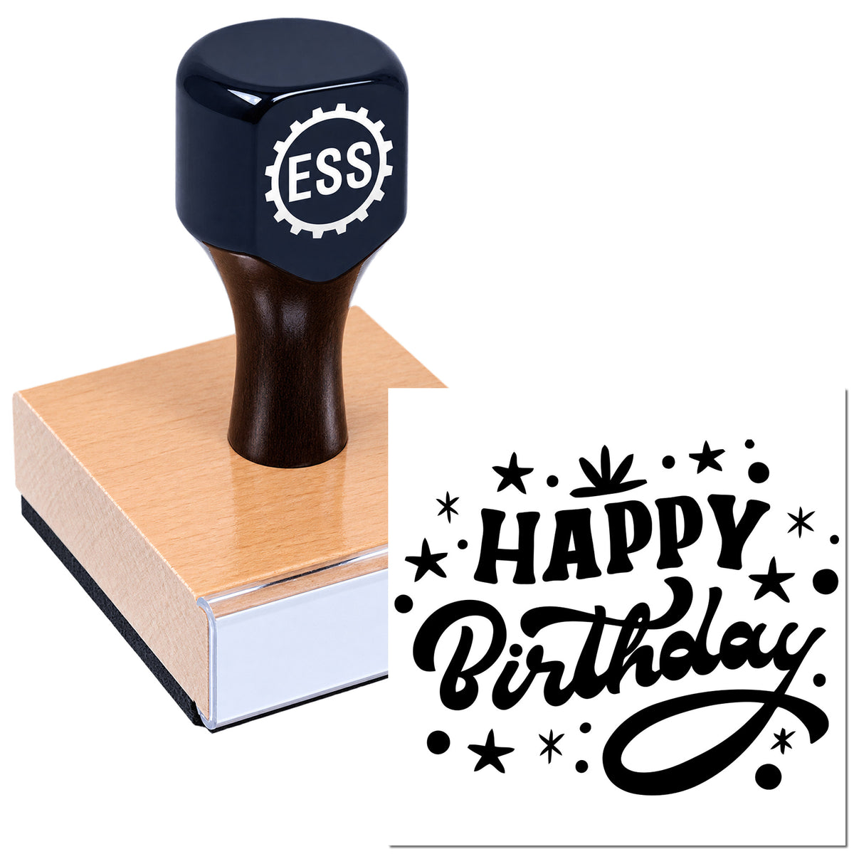 Dark navy ESS rubber stamp on a pink seal block, with black "Happy Birthday" impression on white.