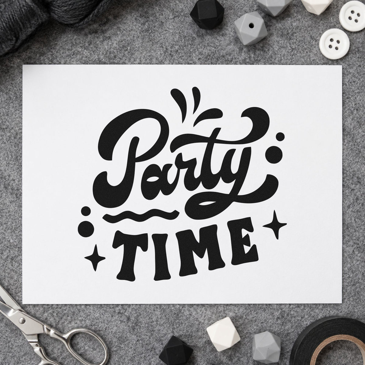 Party Time Bold Script craft stamp imprint in black ink on a handmade project, one idea being glow bag gift tags.