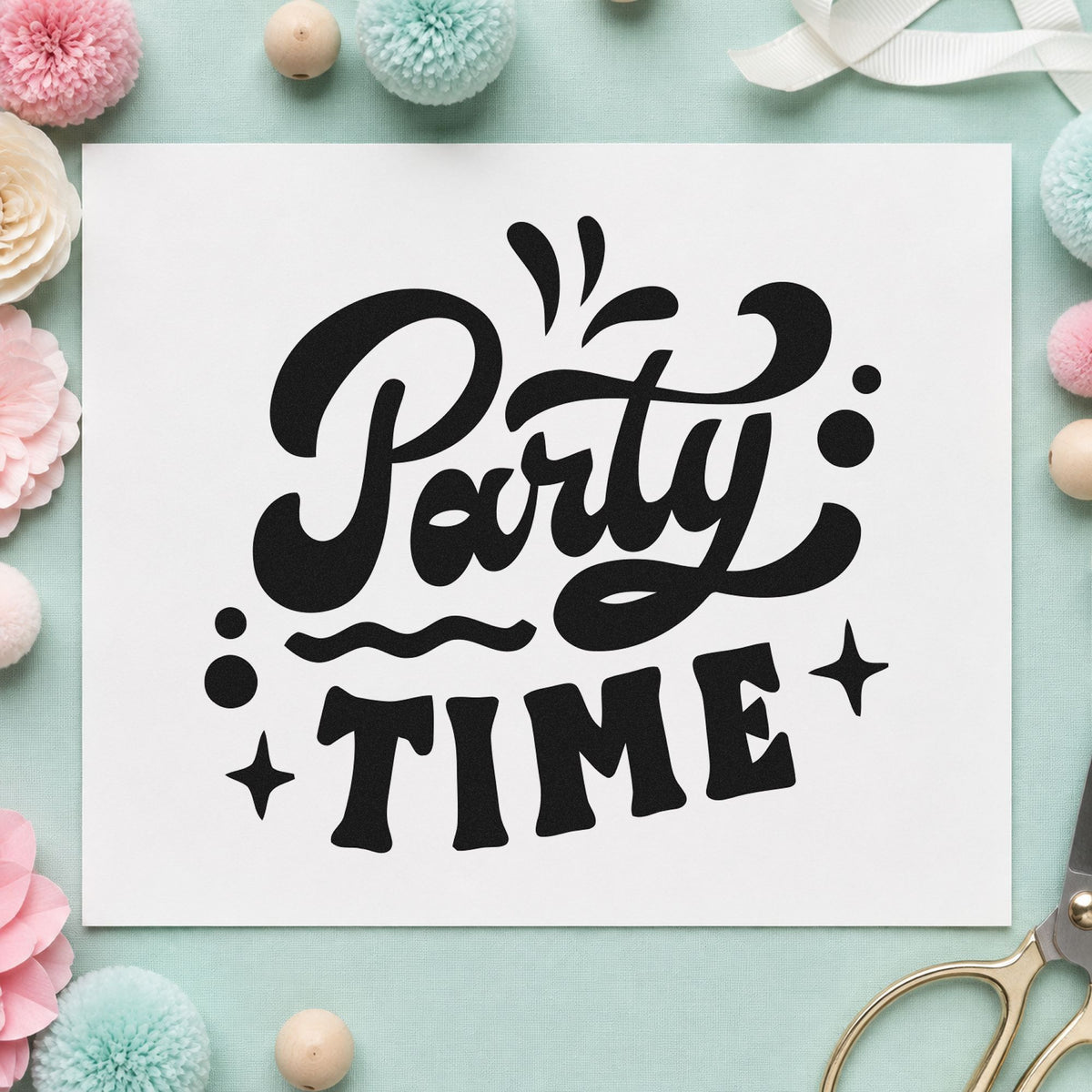 Party Time Bold Script rubber stamp printed in black ink, ready for song queue sheet and similar paper crafts.