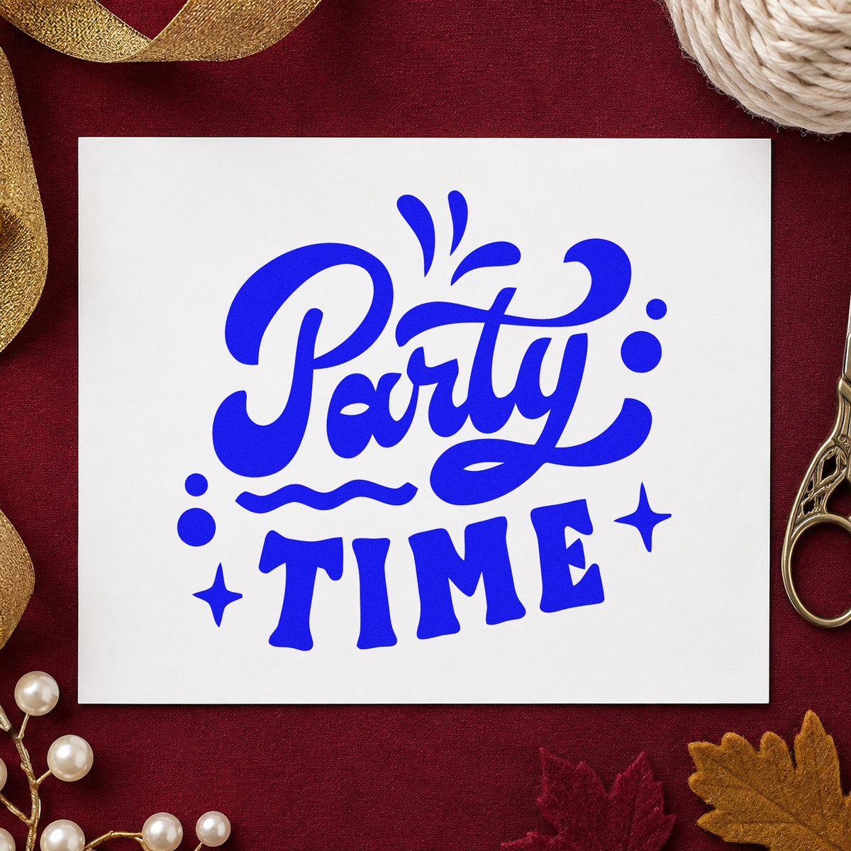 Party Time Bold Script craft stamp in blue ink on cardstock, an easy option for backdrop panel printing.