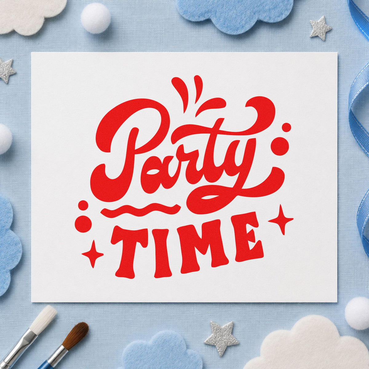 Party Time Bold Script rubber stamp shown in red ink, stamped for projects such as bin light labels.