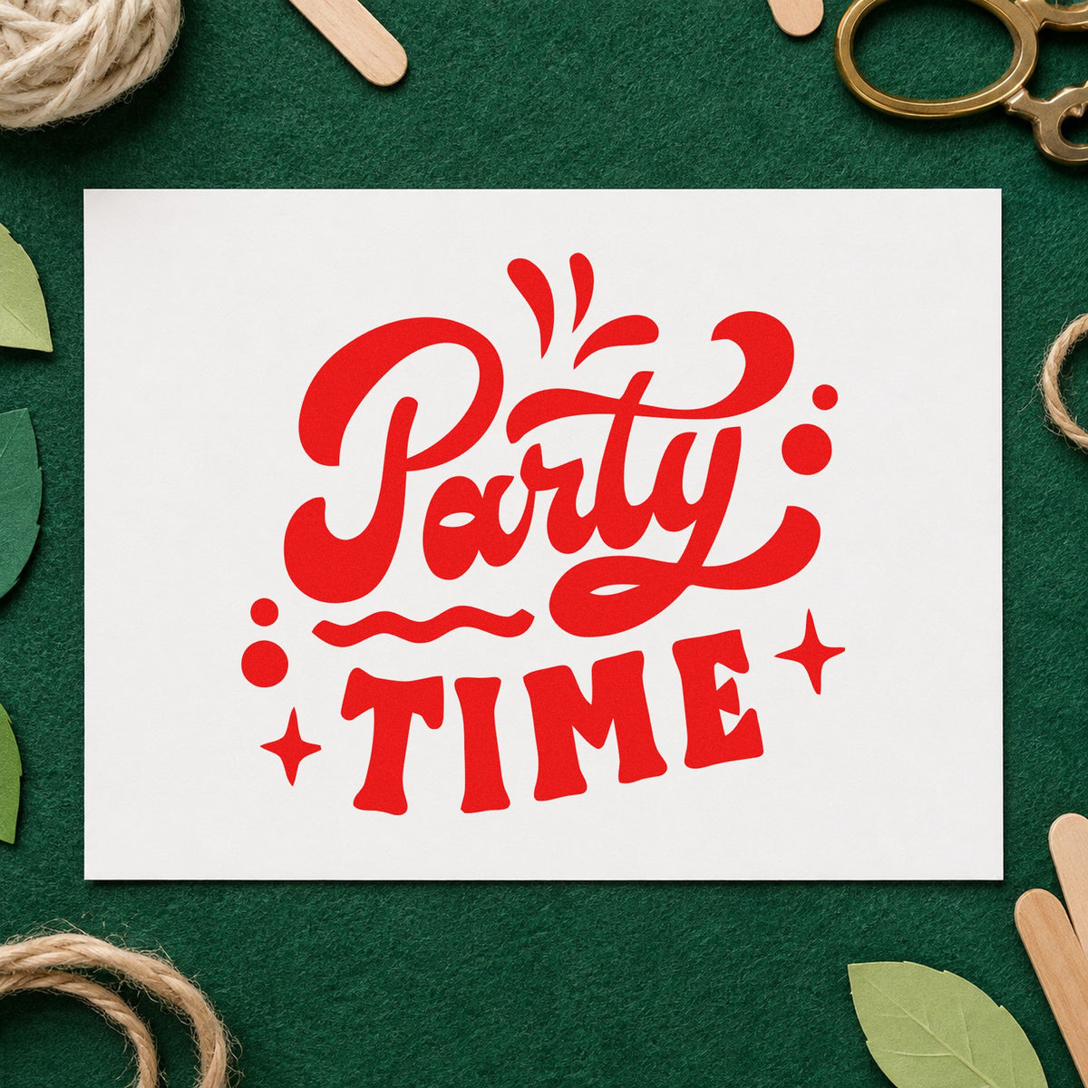 Party Time Bold Script craft stamp imprint in red ink on a handmade project, one idea being song request cards.