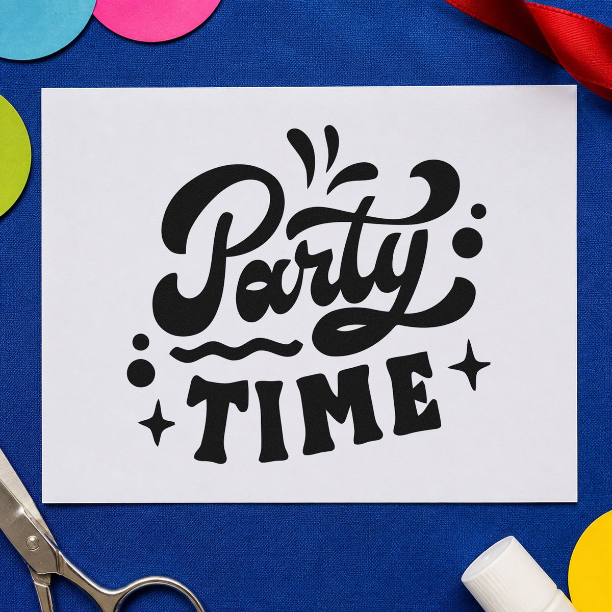 Party Time Bold Script rubber stamp printed in black ink, ready for curved stroke cards and similar paper crafts.