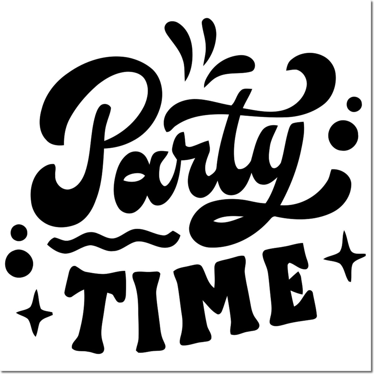 Black Party Time stamp seal design with bold retro lettering, stars, dots, and playful black accents on white.