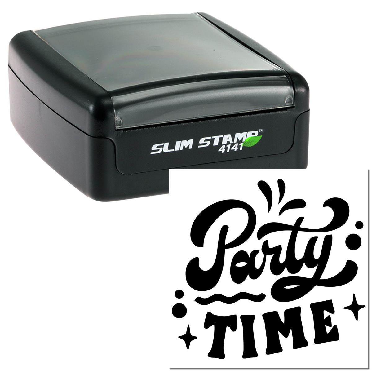 Black Slim Stamp 4141 self-inking stamp with clear case and bold black Party Time seal design
