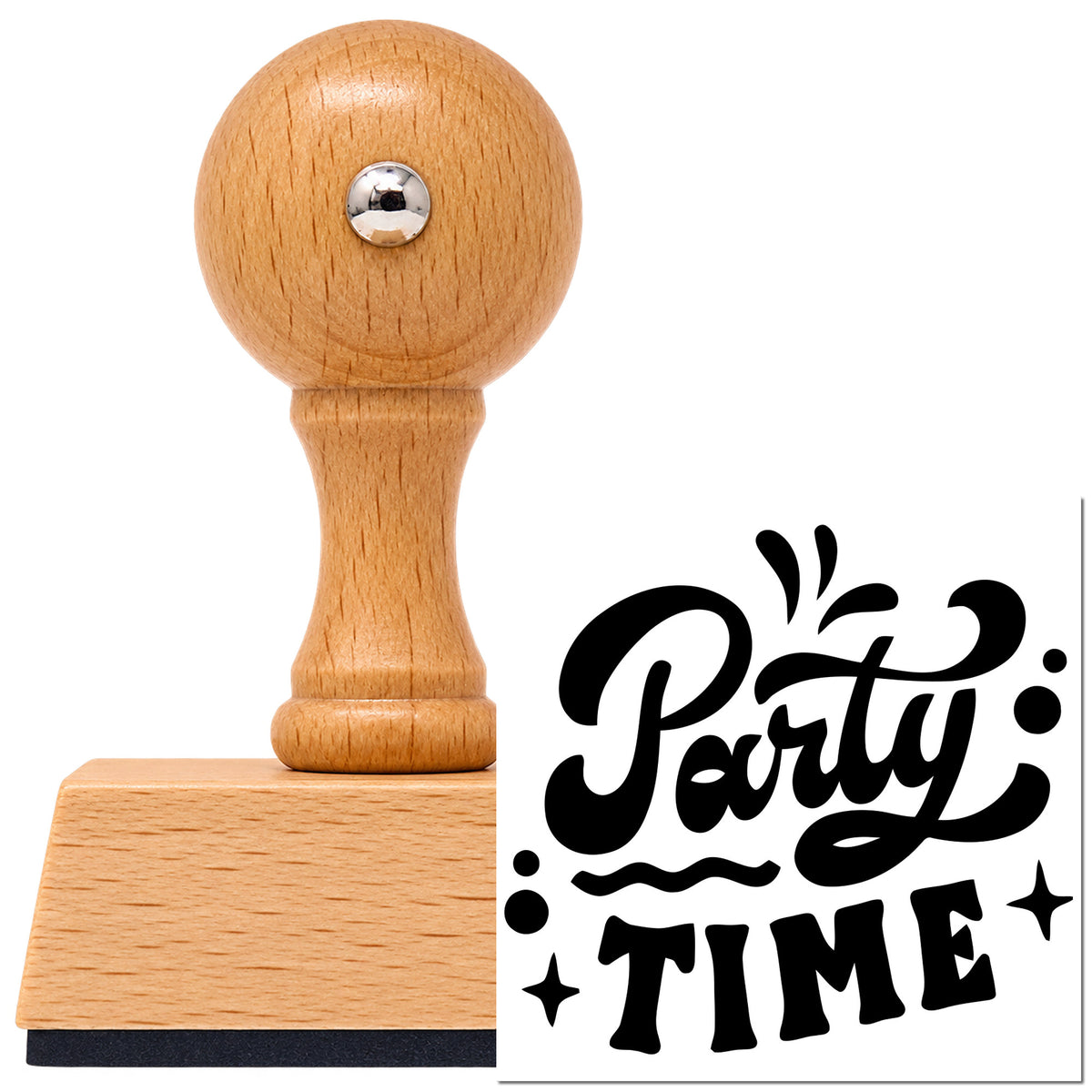 Vintage Pro beech wood stamp with a round knob handle, shown with its black Party Time Bold Script imprint on white.