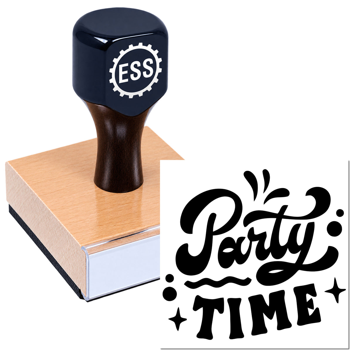 Dark navy rubber stamp with ESS logo on a pink wooden base beside a black "Party Time" seal design.