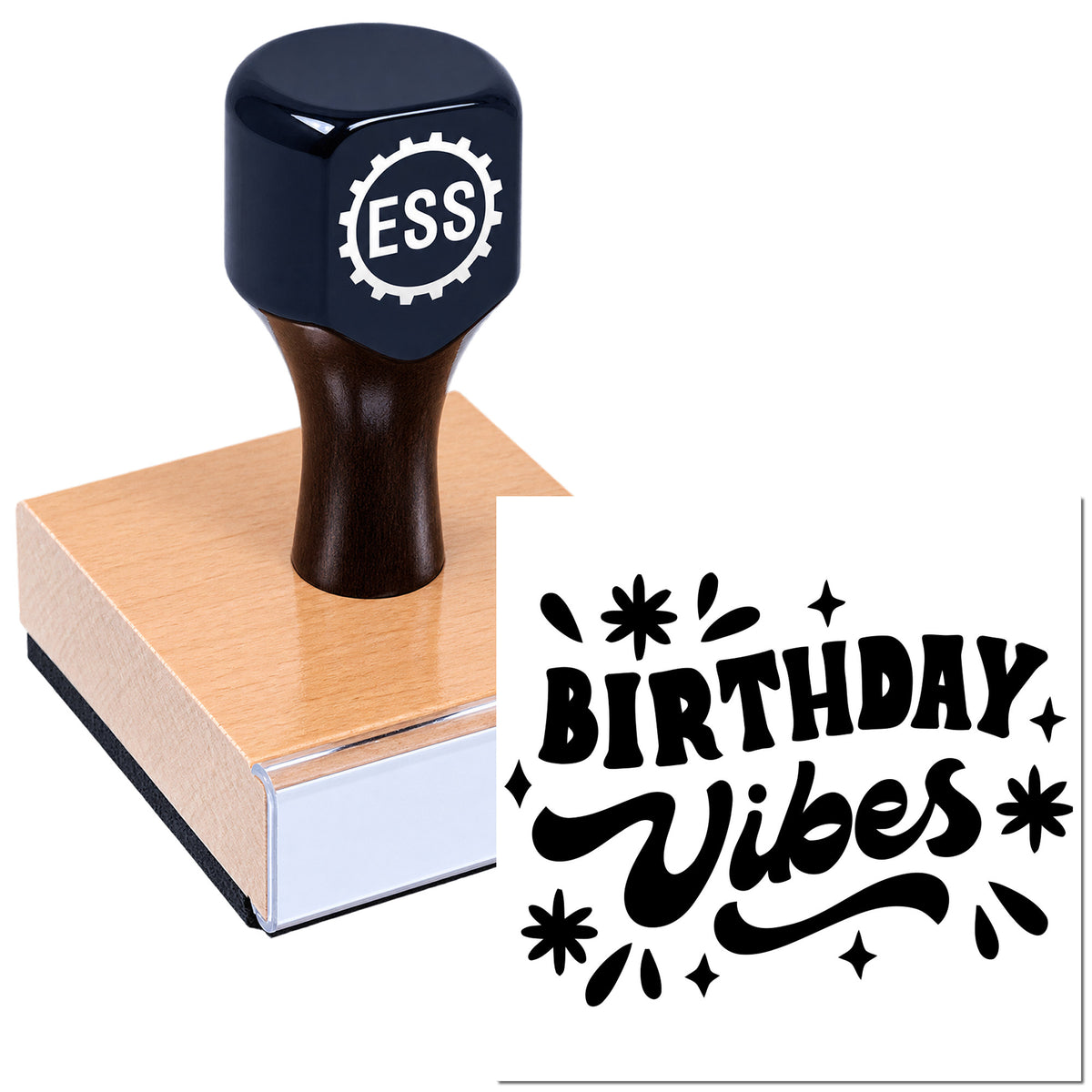 Black ESS stamp seal on a wooden block with a pink base and bold black "Birthday Vibes" design.