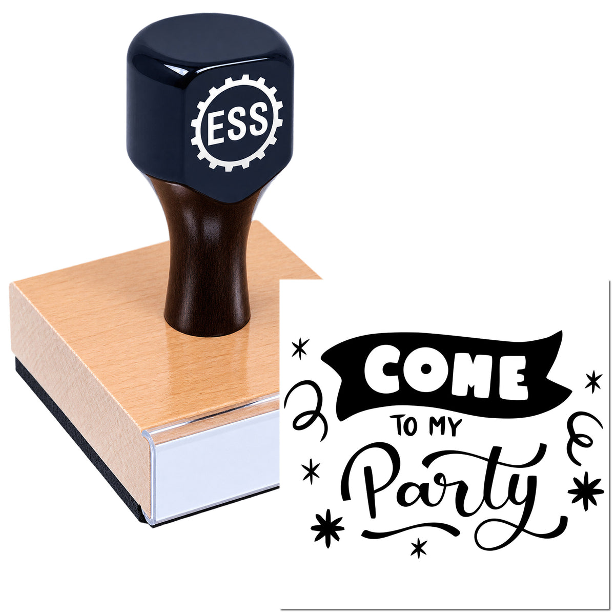 Navy ESS custom stamp and seal on a peach pad, with black "Come to My Party" party imprint.