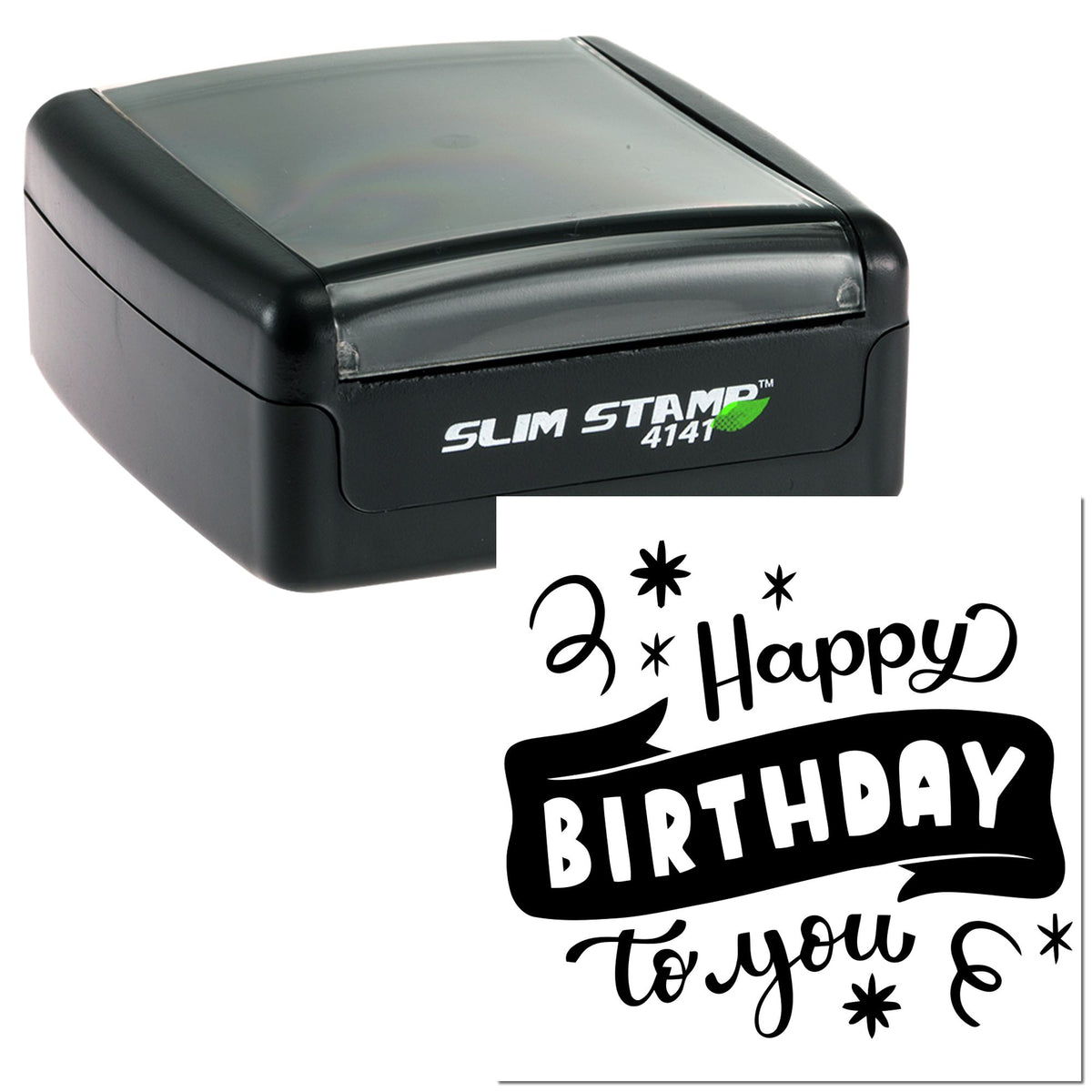 Black slim self-inking stamp and seal with gray top, showing a bold black Happy Birthday imprint.