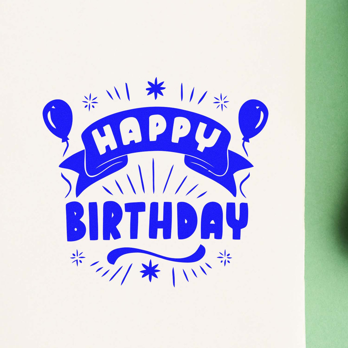 Blue Happy Birthday stamp and seal design with balloons, confetti, and ribbon on white paper.