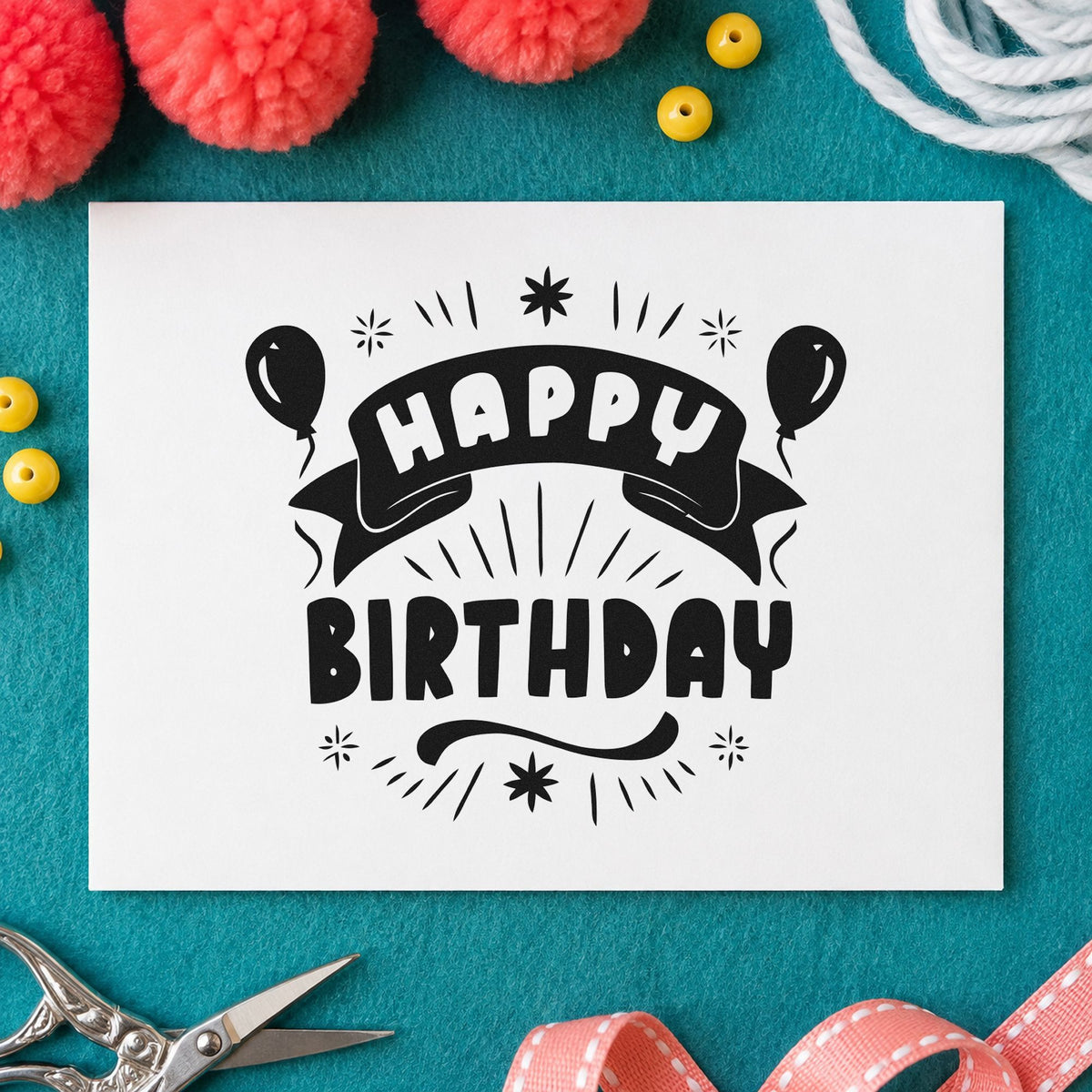 Happy Birthday Balloons Banner craft stamp imprint in black ink on a handmade project, one idea being site gift tags.