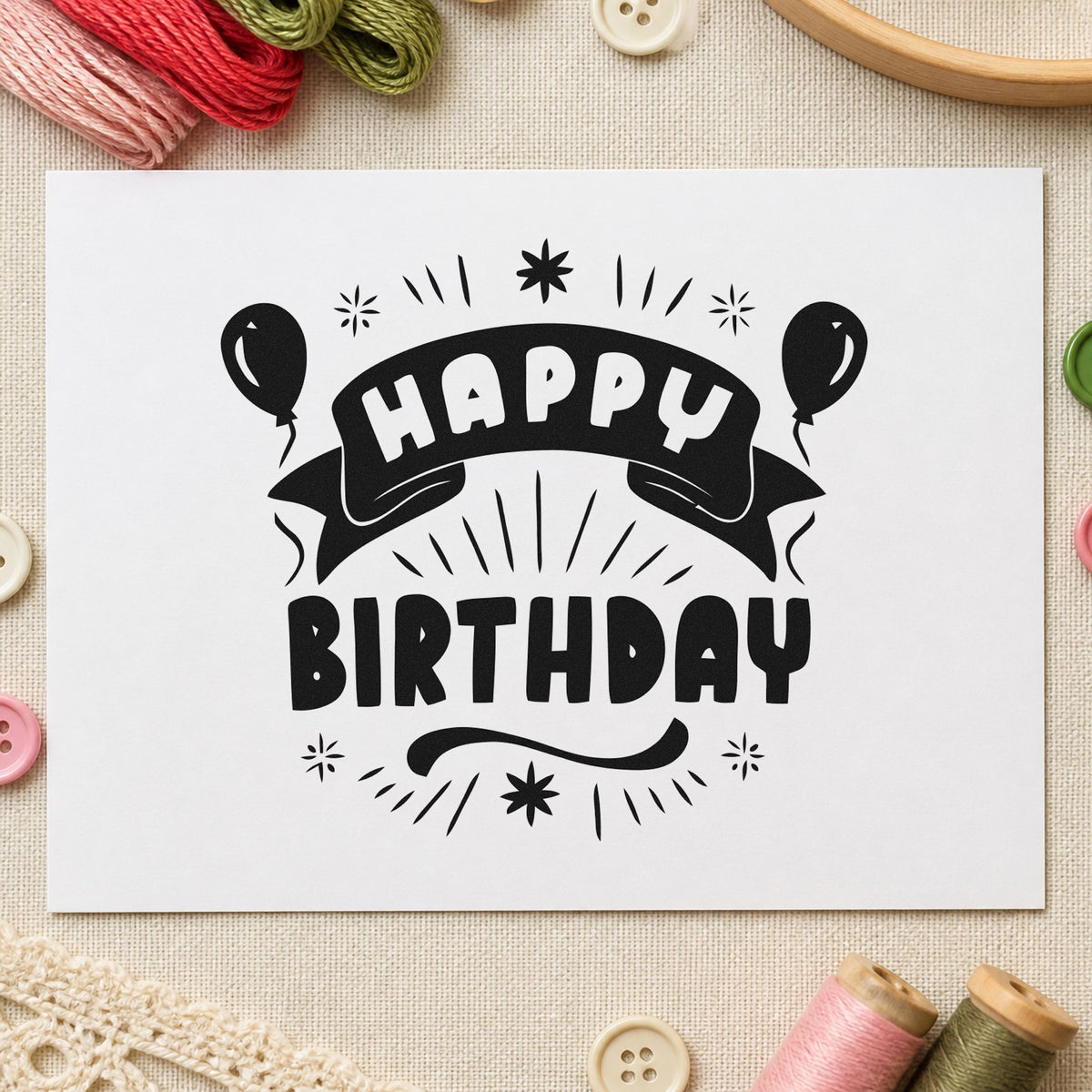 Happy Birthday Balloons Banner rubber stamp printed in black ink, ready for weekend plan sheet and similar paper crafts.