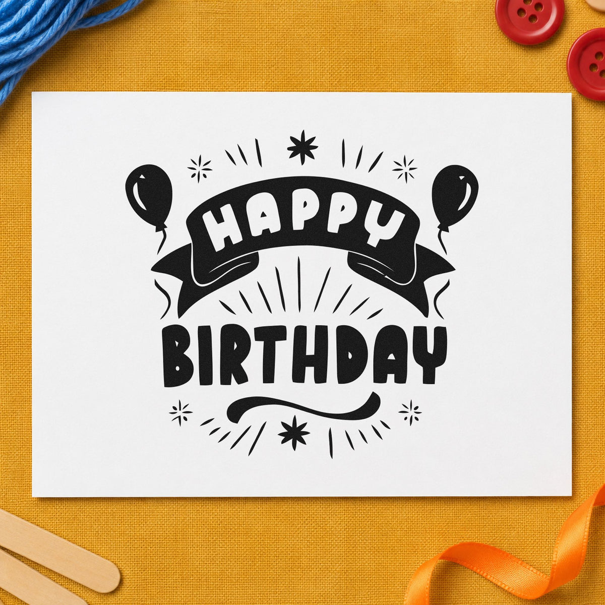 Happy Birthday Balloons Banner rubber stamp printed in black ink, ready for curved ribbon cards and similar paper crafts.
