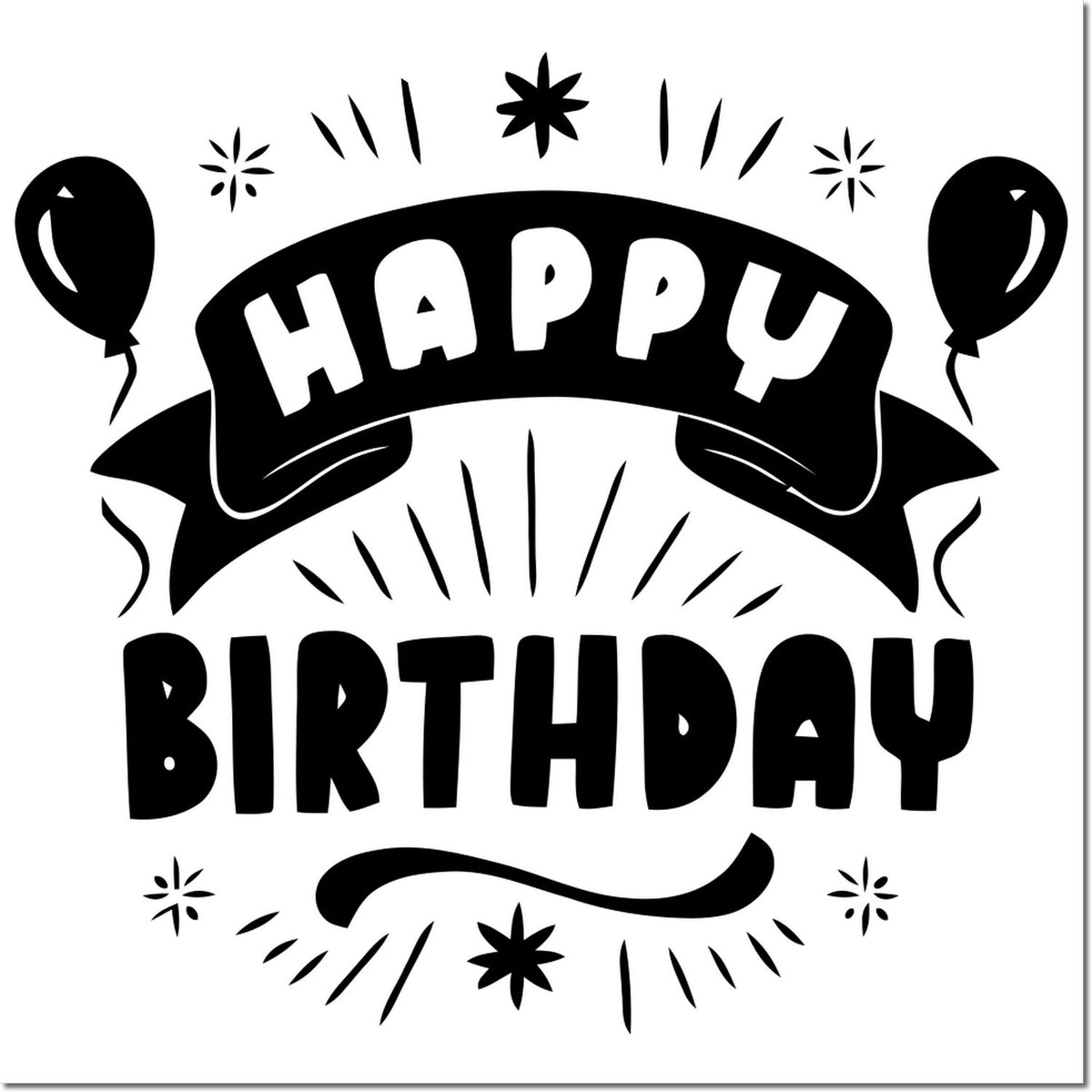 Black Happy Birthday stamp seal with balloons, banner, and decorative bursts on a white background.