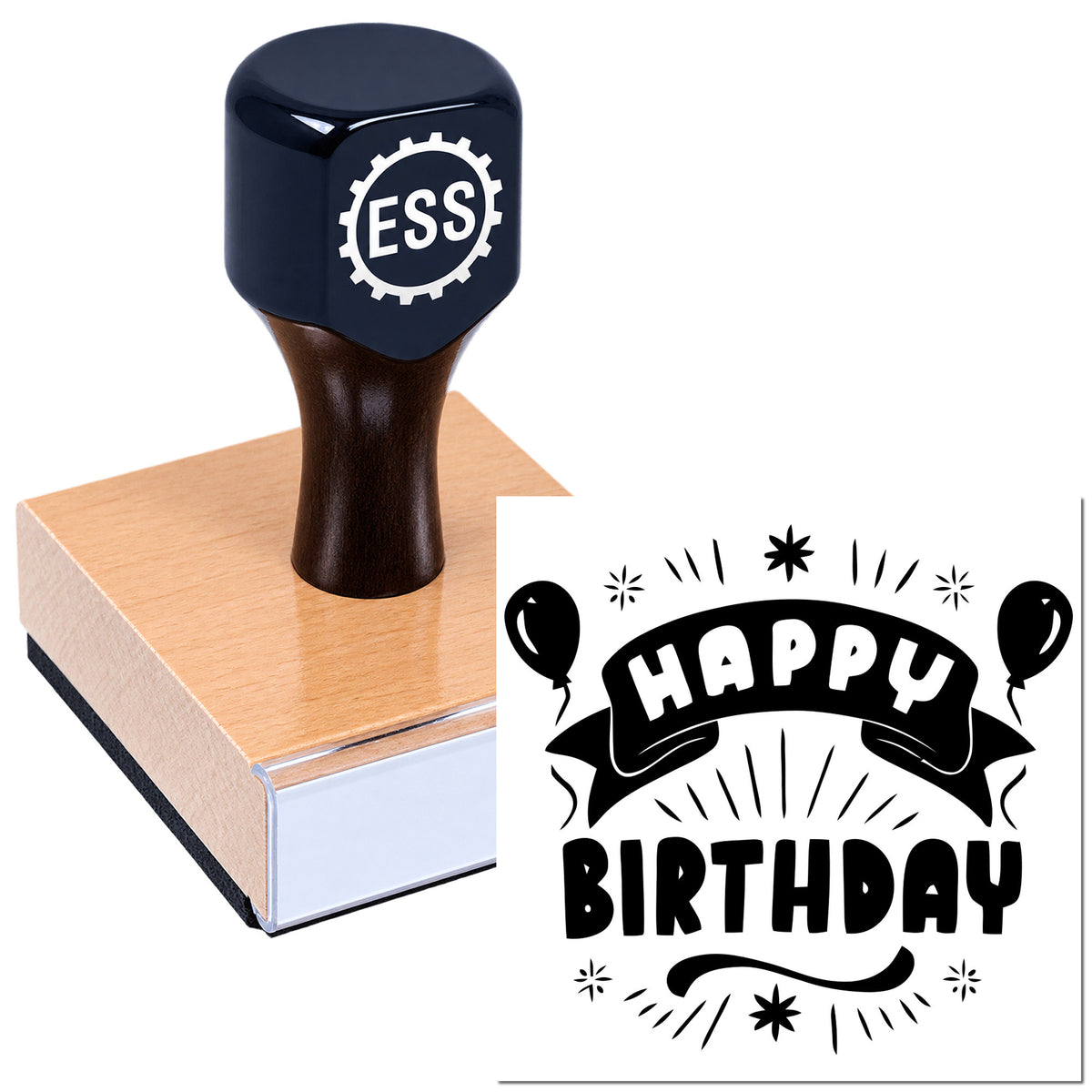 Black ESS rubber stamp and seal on wooden block, printing a Happy Birthday design with balloons and decorative lettering.
