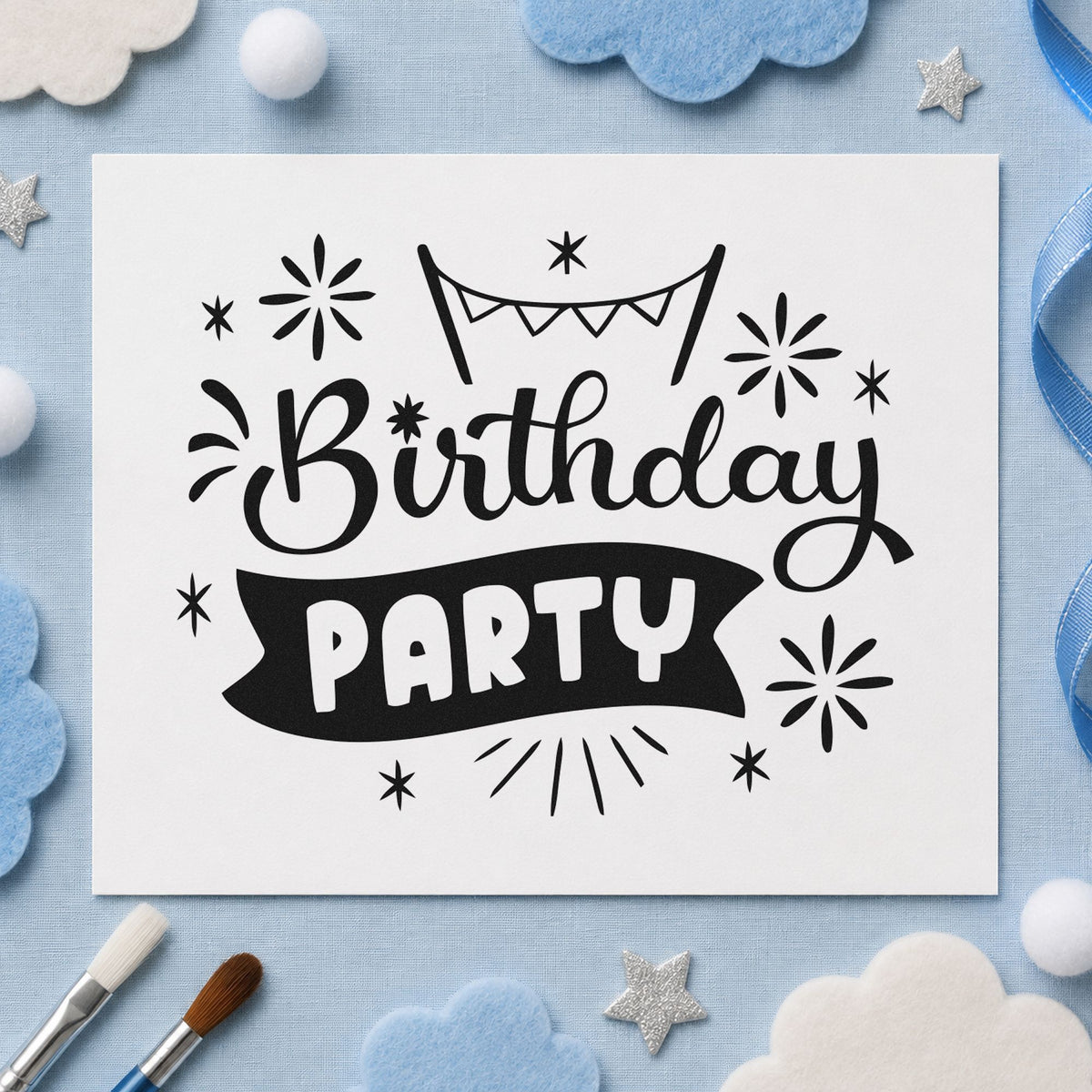 Birthday Party Bunting Banner craft stamp imprint in black ink on a handmade project, one idea being donated cake tags.